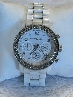 Michael Kors White Crystal-Accent Ceramic Chronograph Watch